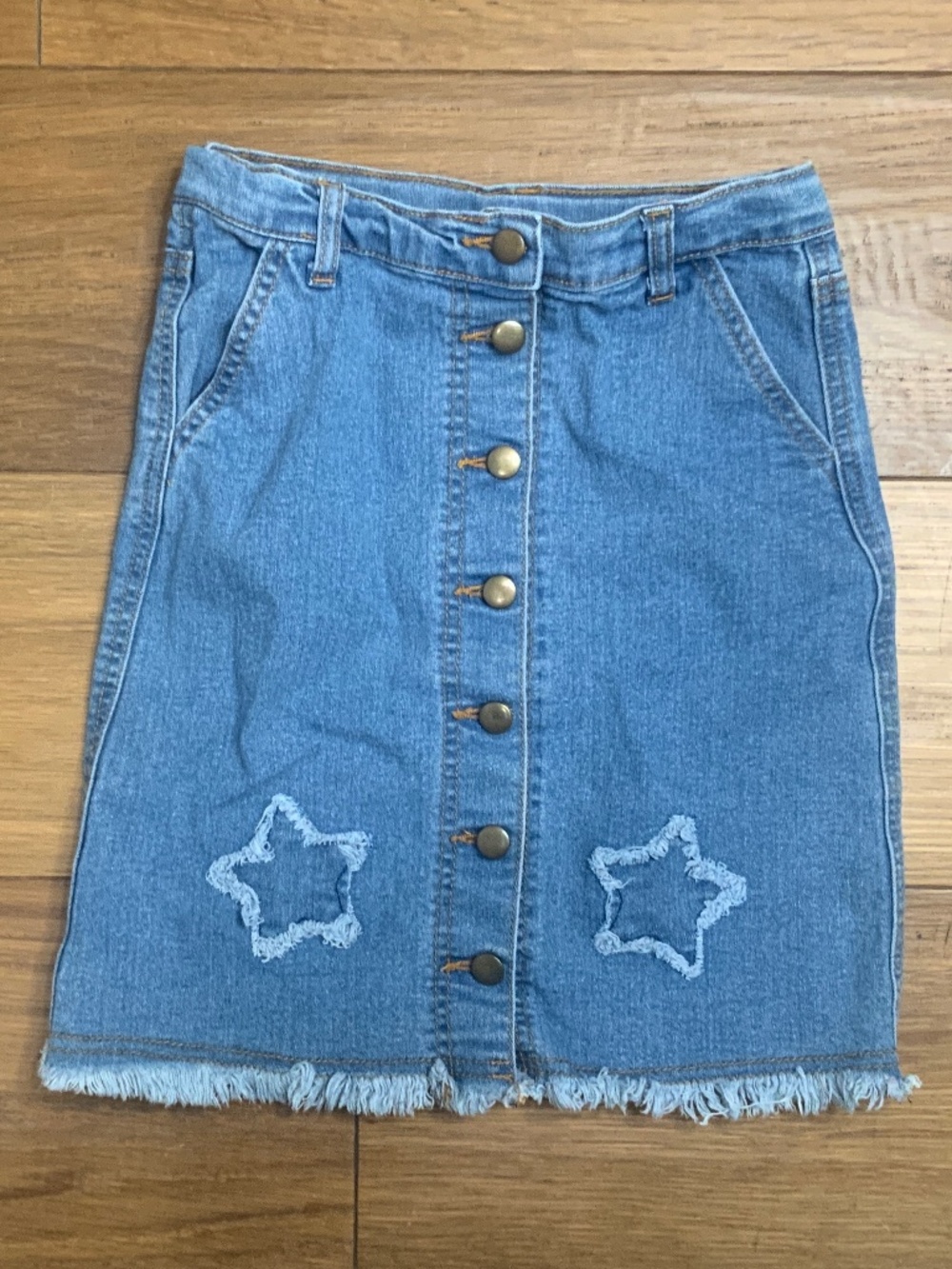 Medium Wash Jean Skirt with Stars and Buttons on front